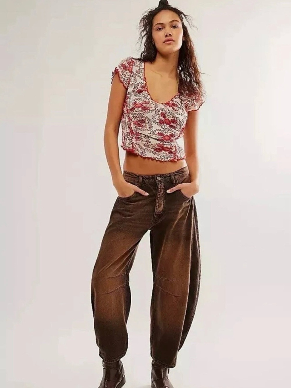 Free People Oh My Baby Tee Cropped Blouse Top Ruched Sand Combo Size Large